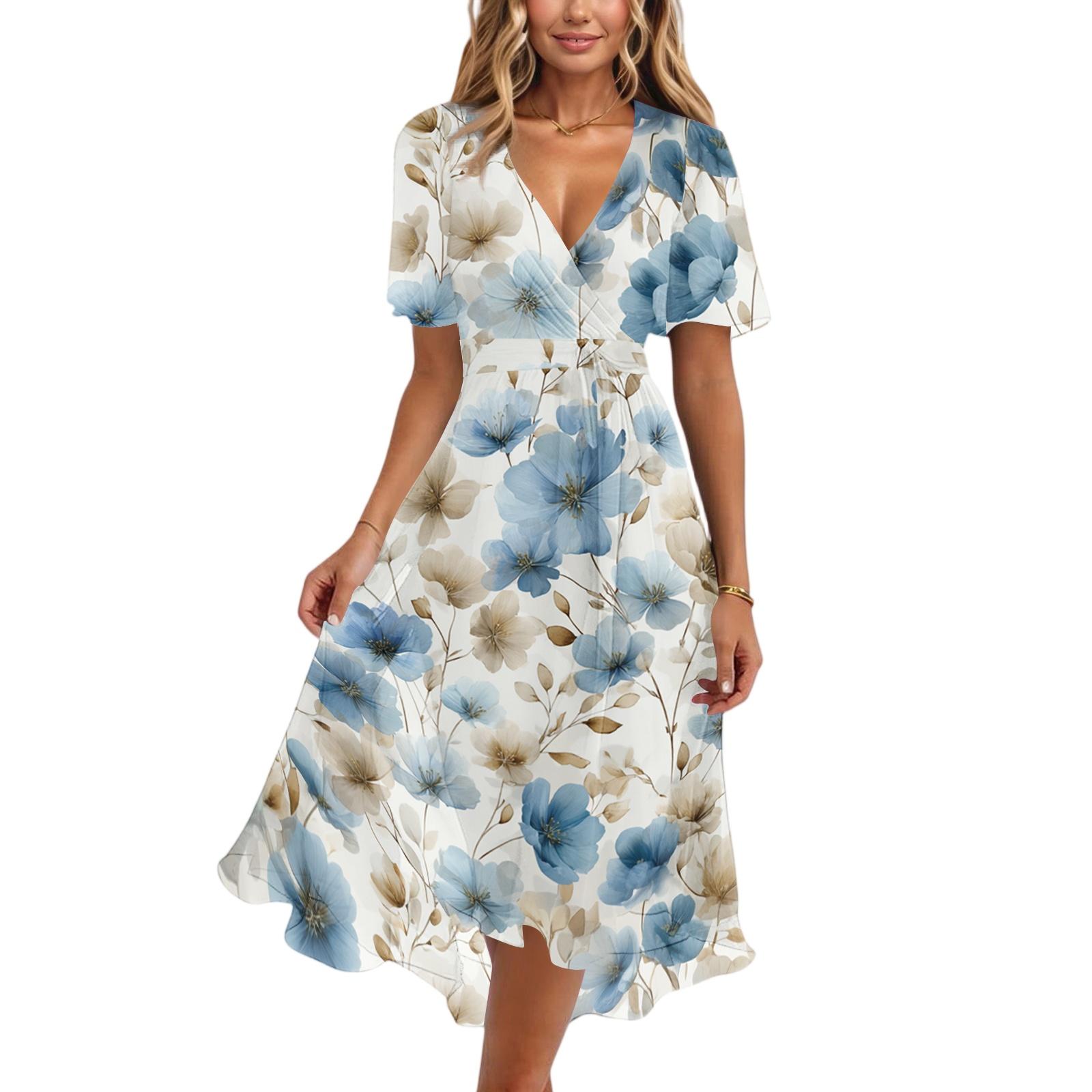 

Women s Casual V Neck Short Sleeve Floral Print Midi Dress Lightweight Summer Dress with A Line Skirt for Daily Wear L тёмно-синий