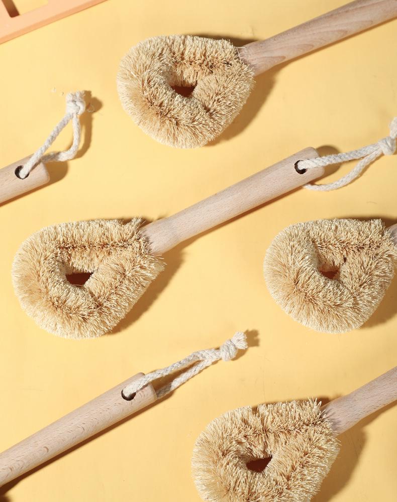 KOMEKI Natural Brown Wooden Handle Hair Pot Brush - Zakka Style Kitchenware for Cleaning Plates, Bowls, and Cups.