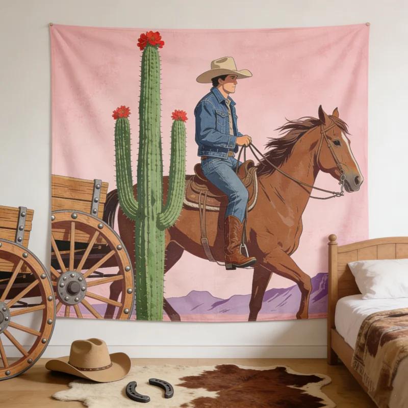 Western Cowboy Wall Tapestry, Horse Riding & Cactus Desert Art, Rustic Home Decor For Living Room & Bedroom