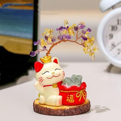 Cute Cat Natural Crystal Crystal Tree Colorful Gravel Fortune Tree Energy Tree Christmas Gifts