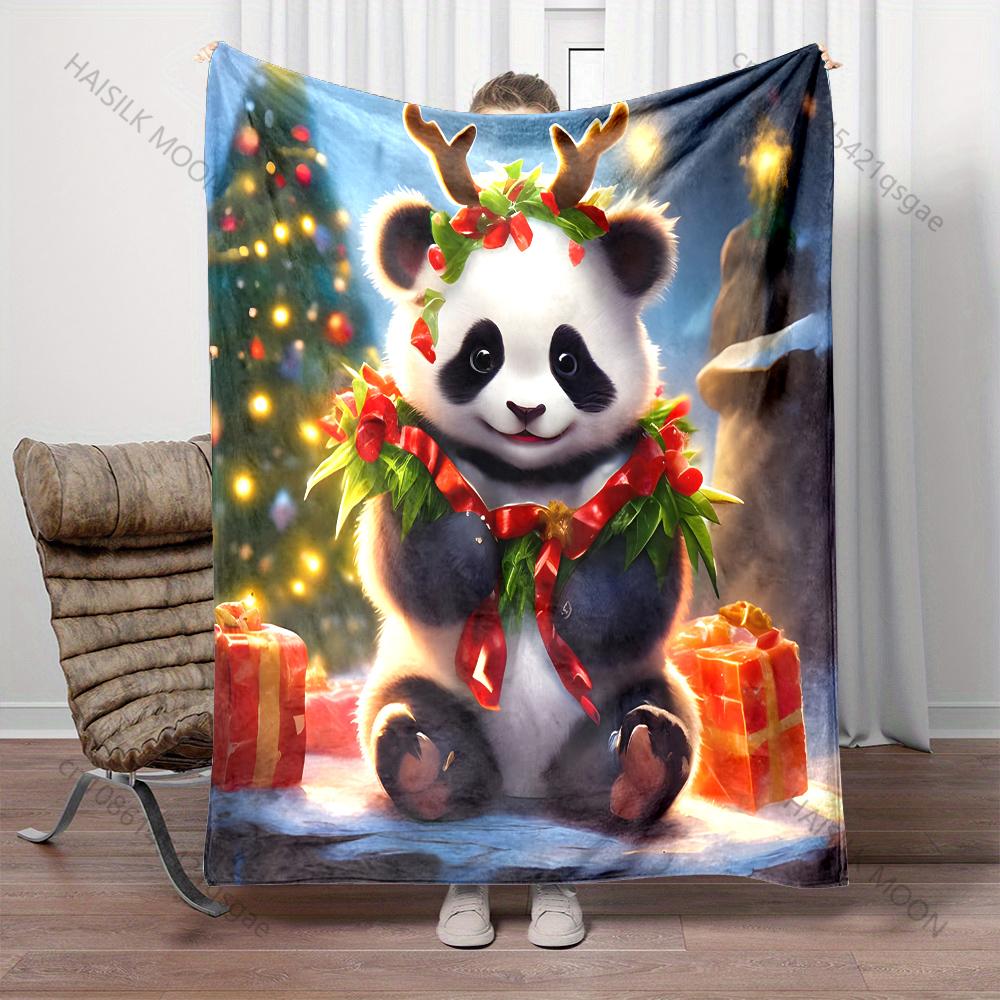 1PC Festive Panda with Christmas Decorations Pattern Blanket Flannel Material Soft Warm for All Seasons Home Outdoor Camping