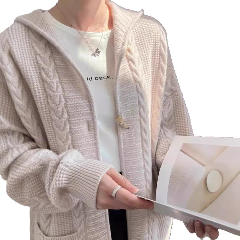 Women's Wool Hooded Cardigan: Mid-Length, Loose, Thickened, Stylish Knit Sweater, Fashionable Korean-Style Outerwear.