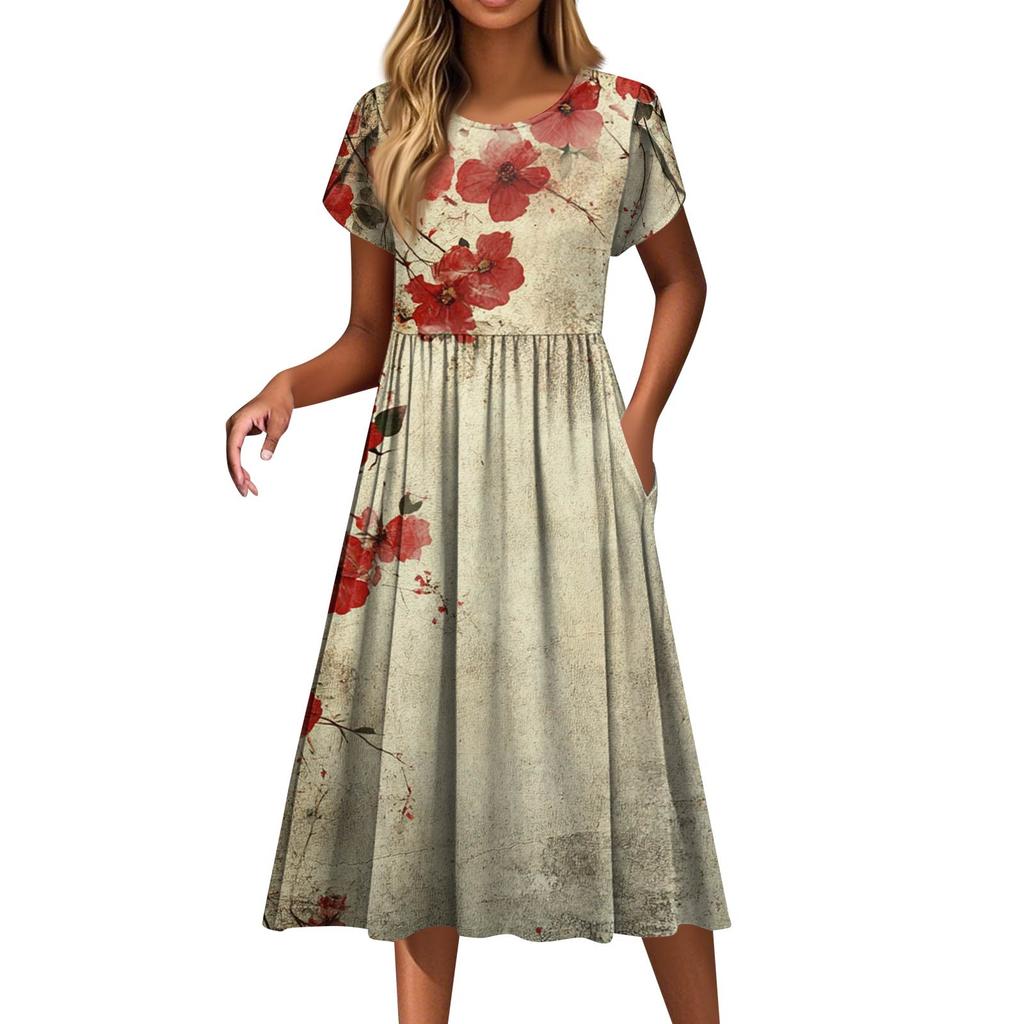 Dámské módní ležérní šaty s volným potiskem s kulatým výstřihem a kapsou s krátkým rukávem