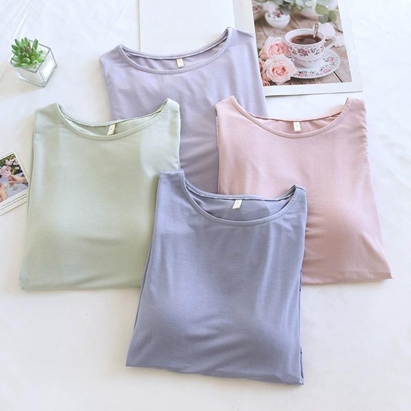 Women O-neck T-shirt with Built-in Bra Casual Solid Color Short Sleeve Top