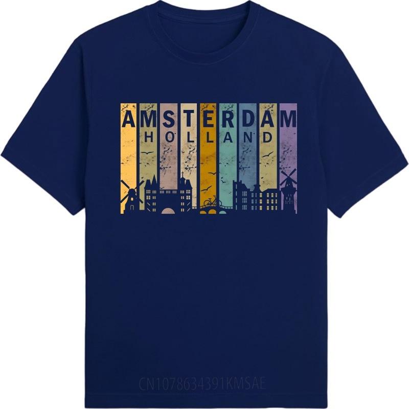 

Men Summer Fashionable Tshirt Amsterdam Holland Skyline Windmills Buildings Birds Colors Relaxed Fit Short Sleeve O Neck for Her 4XL