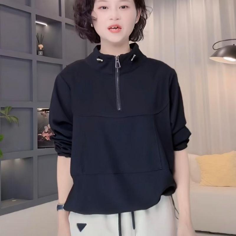 

Осень Зима Стойка Воротник Молния Свободный Повседневный Свитшот Женский Однотонный Модный Универсальный Пуловер Топ L чёрный