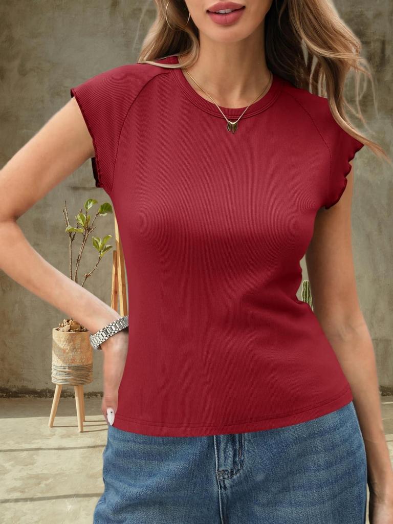 Womens Ribbed Knit T Shirt Cap Sleeve Crew Neck Slim Fit Summer Basic Top