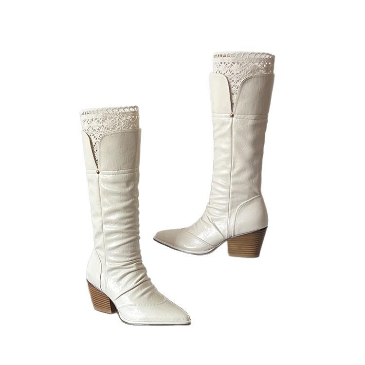 Retro pointed lace brown Maillard boots 2025 autumn and winter temperament versatile thick-soled thick-heeled knight boots women