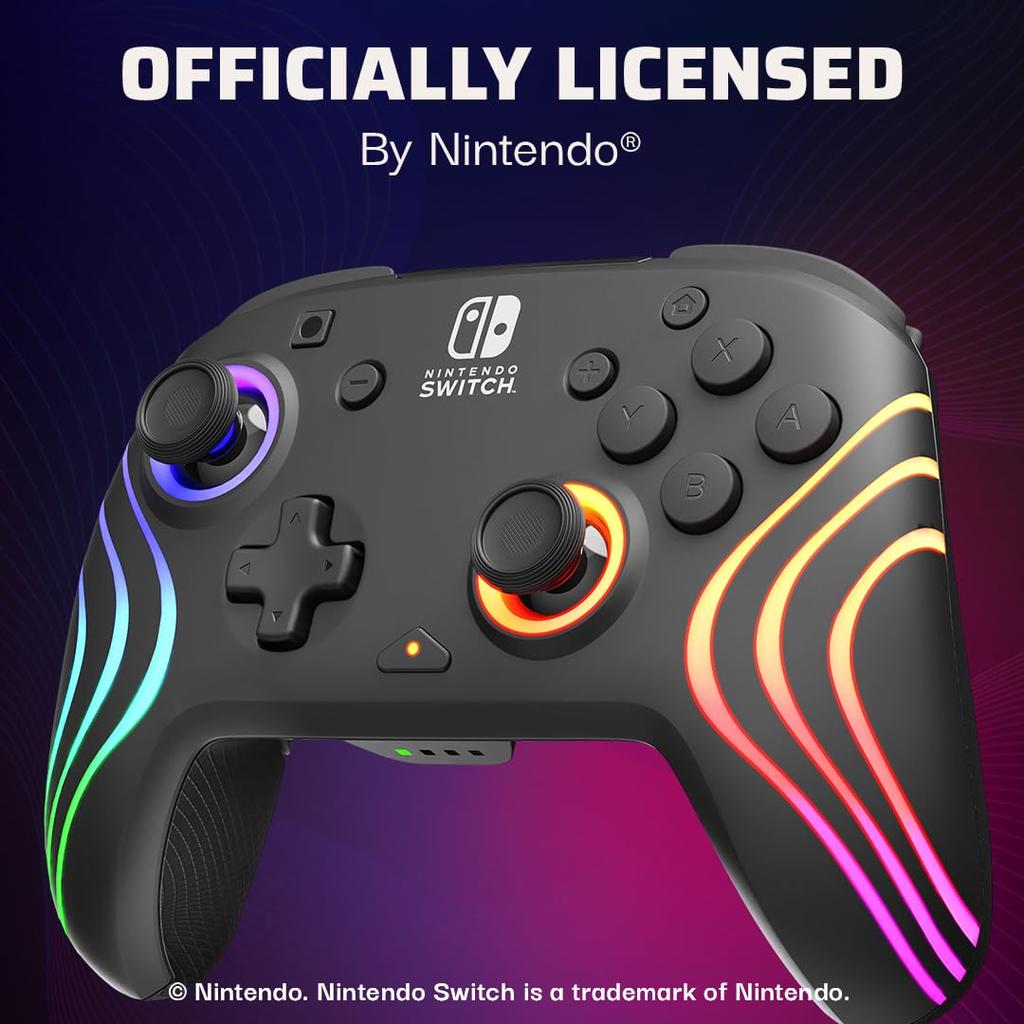 PDP Afterglow Wave Wireless Nintendo Switch Pro Controller with Motion Fully Licensed for Customizable LED Rechargeable Power Black Controls,