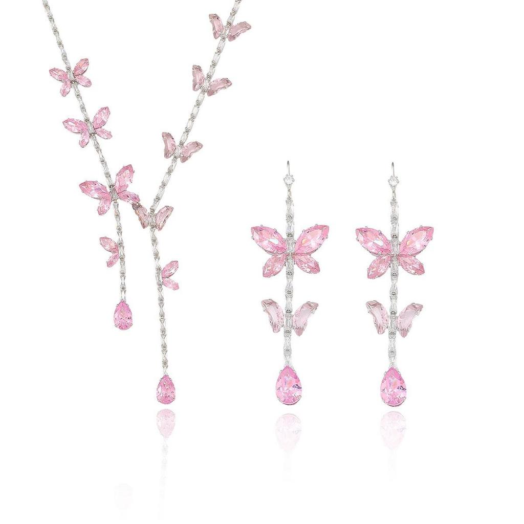 Cross-border Fashion Trend: Pink Butterfly Zircon Earrings & Necklace Set