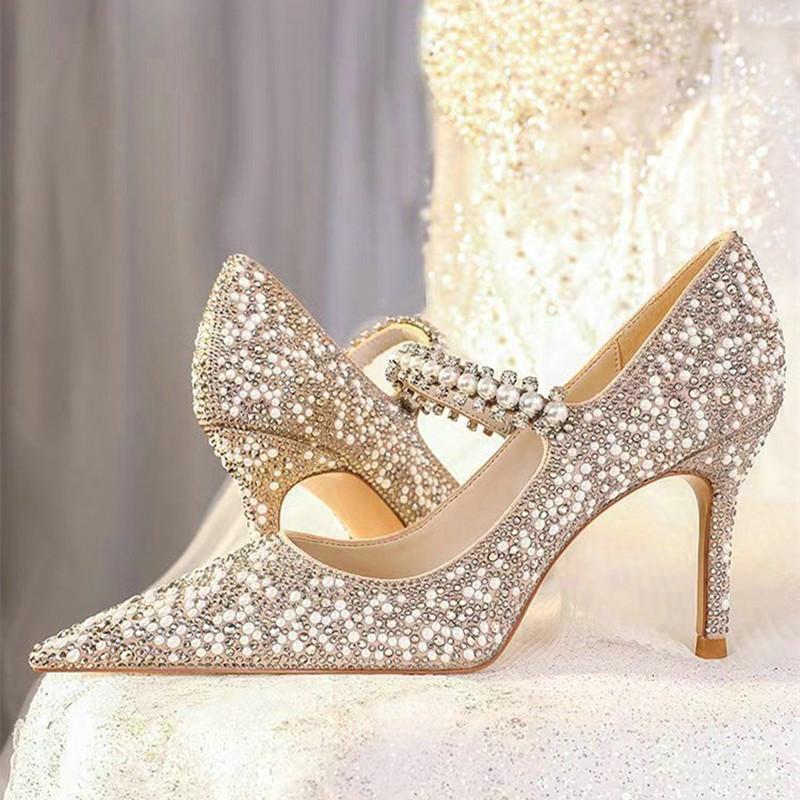 Mode Europäische und Amerikanische Perlen Hochzeitsschuhe Brautschuhe Strass High Heels Design Sinn Nische Glas Sandalen