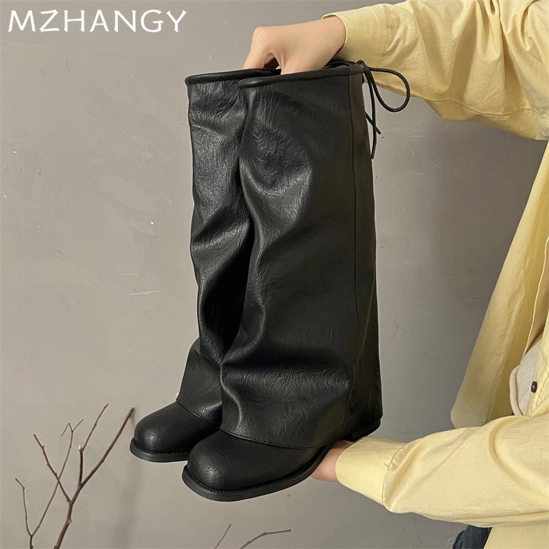 High Boots Women's Mid Heels Chunky Designer Shoes  Fashion Chelsea Boots Pumps Lace Up Leather Shoes New Autumn Mujer Boots