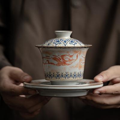 170ML Dunhuang Yuanbao Gaiwan Household Ceramic Sancai Gaiwan Imitation Song Ru Kiln Opening Kung Fu Tea Set Tea Bowl Gift Box