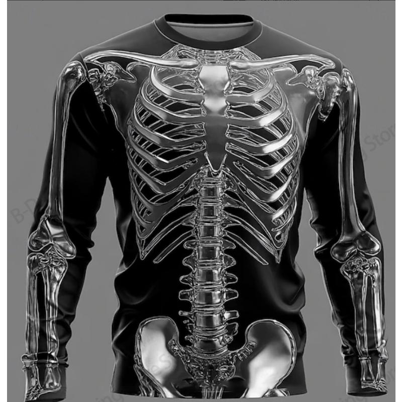 Halloween Mens Metallic Skeleton 3D Printed Tshirt Men Women Fashion O-Neck Long Sleeve T-shirt Exaggerated Casual Tops Tees New