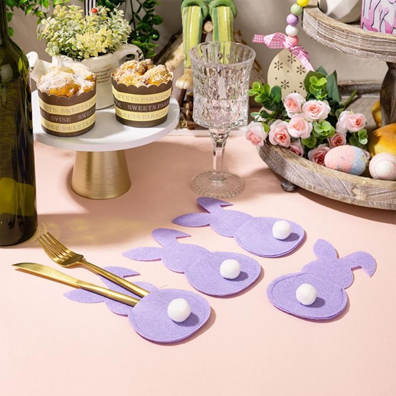 4 Pezzi Pratica Sacca Portaposate in Feltro a Forma di Coniglio Sacca Portaposate in Feltro con Coniglio di Pasqua Decorazioni Felici di Pasqua per Posate