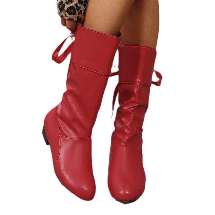 Sapatos Para Mulheres Botas de Cano Alto Primavera Vermelho Preto Branco Botas Altas Mulher Pregueadas Salto Baixo Casual Couro Feminino Sapatos Longos