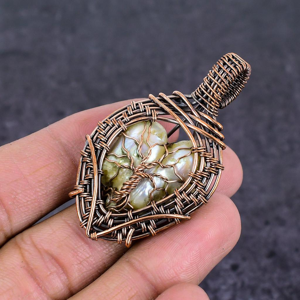Natural Biwa Pearl Gemstone Handmade Copper Wire Wrap Jewelry Pendant 2.21" u1Z76