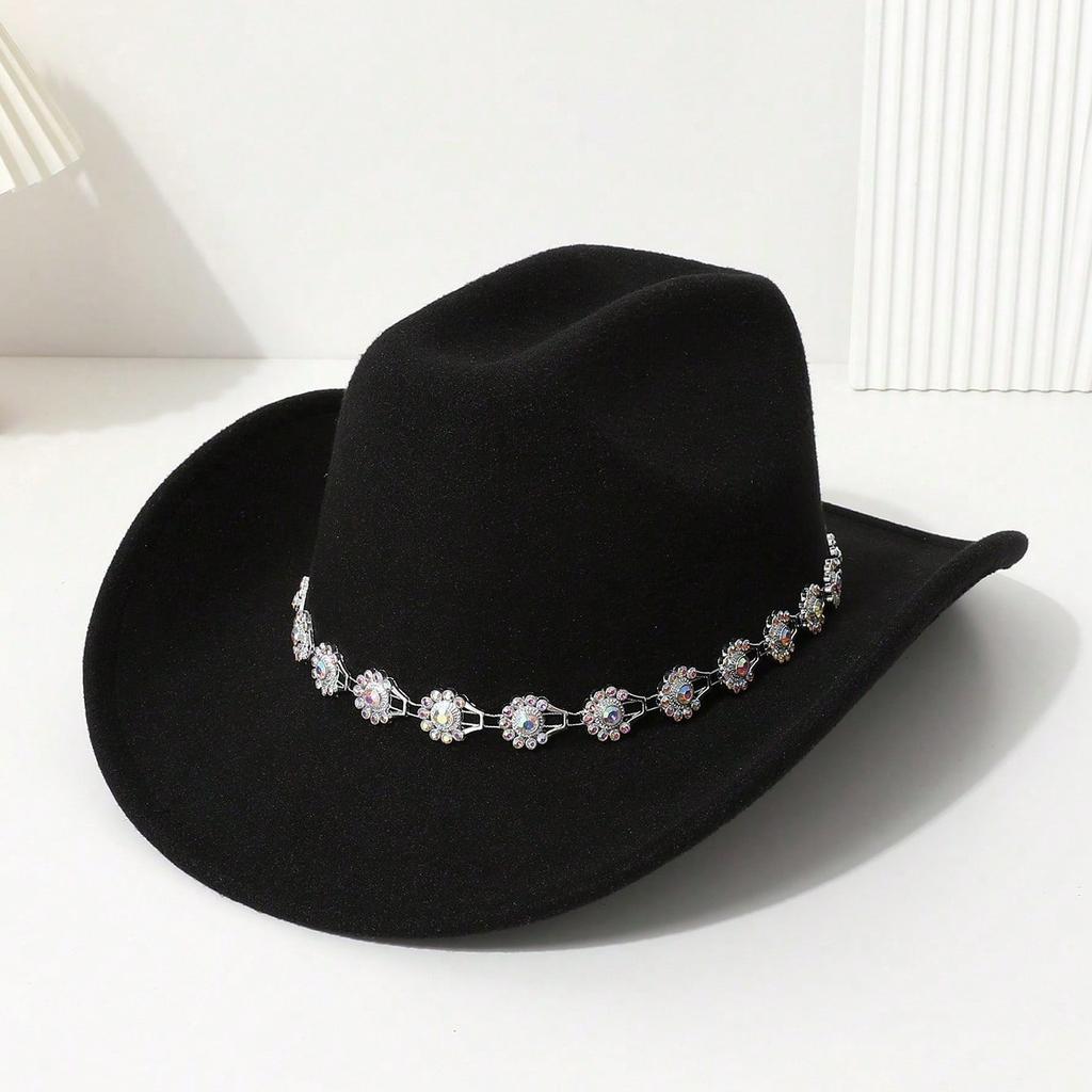 Western cowboy top hat three-dimensional colored gemstone flower small round bead inlaid felt hat outing party jazz hat