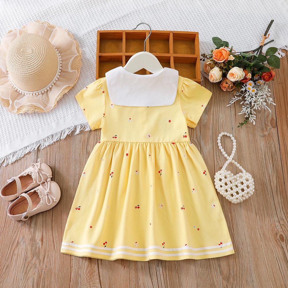 Vestido de verano para niñas de 2 a 6 años, de algodón, con cuello vuelto y manga corta.
