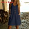 Abito Estivo Casual Senza Maniche in Lino Monocolore Giuntato con Scollo a U per Donna