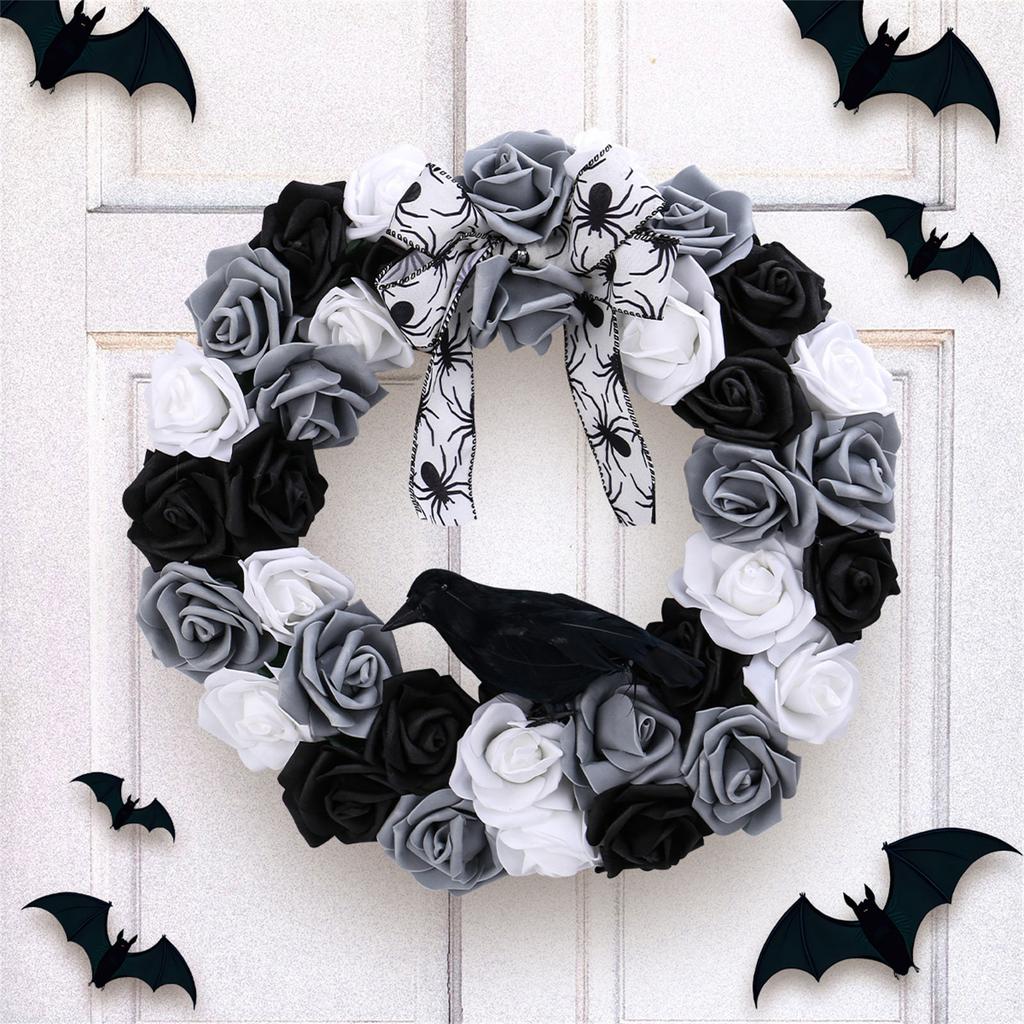 Halloween Wreath Gothic Garlands Front Door Wreath with Black and White Rose Crow Decorative Wreath For Wall Decoration