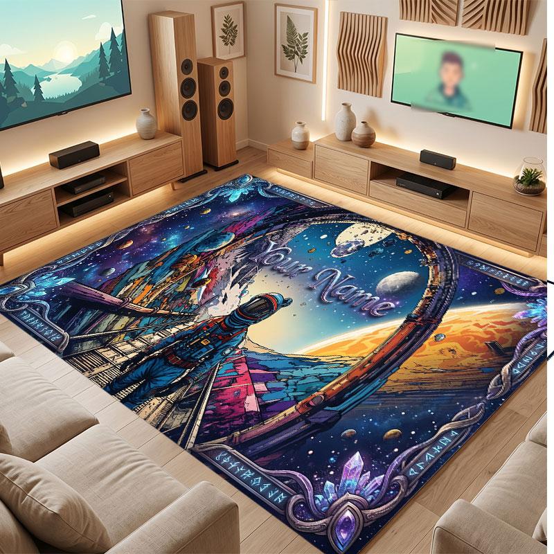 Space Cosmic Theme Crystal Velvet Floor Rug Personalized Custom Name Text Warm Carpet Home Decoration