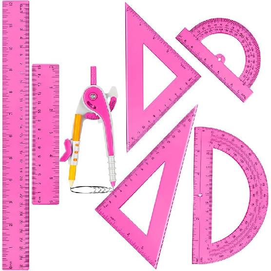 Zonon 1 Set Plastic Geometry Math Set 7 Pcs Includes 6'' / 4 '' Protractor, Drawing Compass, 45/60 Degree Triangle Rulers, 12'' / 6'' Math Ruler