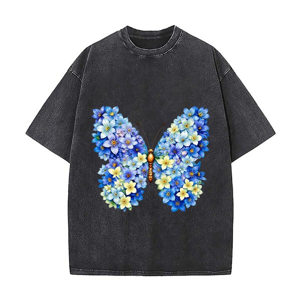 Blue Yellow Floral Butterfly Watercolor Wildflower Wings Distressed Vintage Oversized Streetwear Tops for Coffee Dates