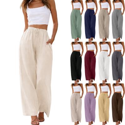 High Waist Wide Leg Casual Pants for Women Loose Fit Drawstring Waistband Lightweight Trousers with Pockets for Daily Wear