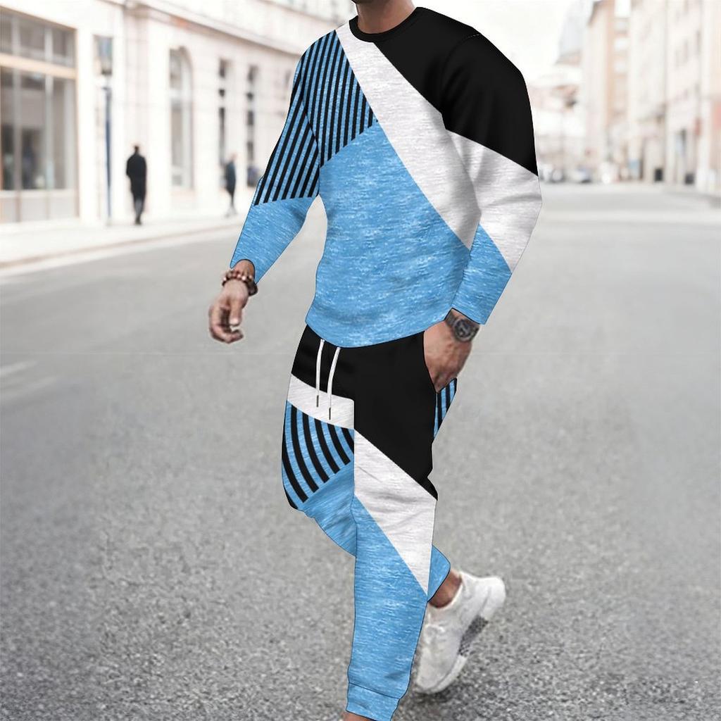 Men Retro Mosaic Hexagon Marble Texture Print Long Sleeve Sweatshirt Jogger Pants Two Piece Suit