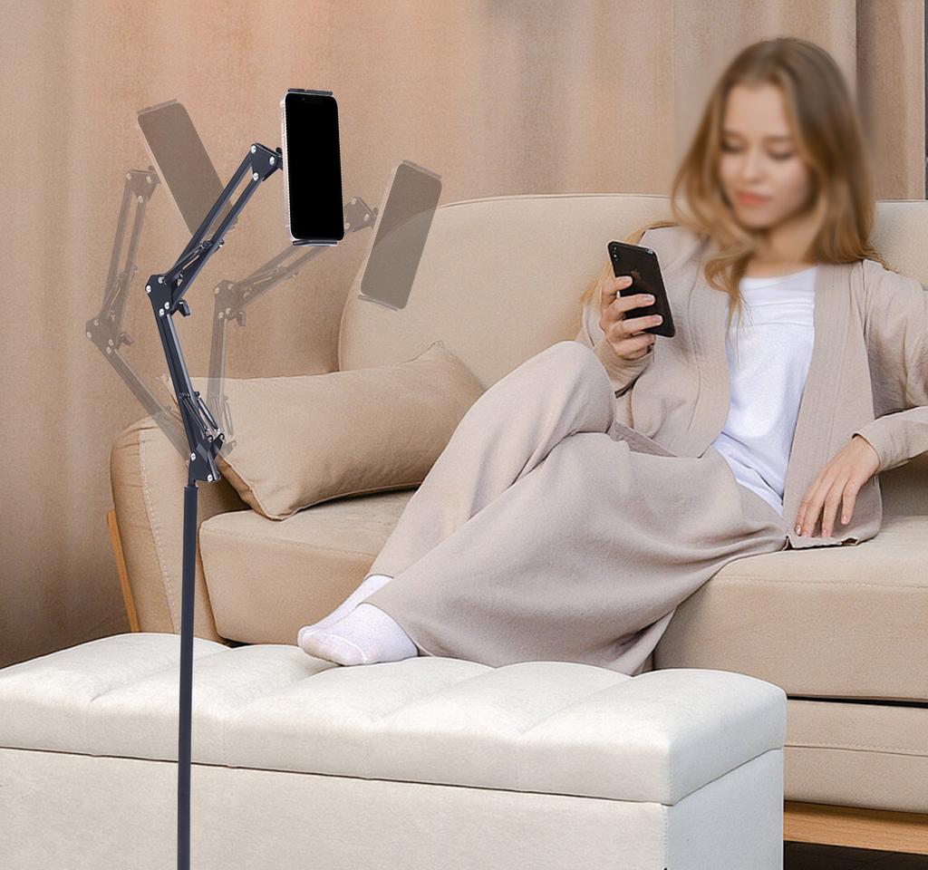 Height Adjustable Floor Stand for Tablet & Phone, 360° Rotating IPad Holder, Modern Black Carbon Steel Stand for Bedroom, Office