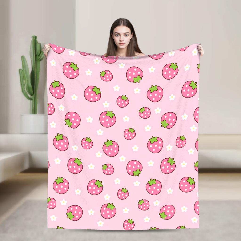 Pink Strawberry Print Flannel Blanket  Warm Soft Throw Blanket for Bedroom Camping Street Trend Bedspread Sofa Bed Cover