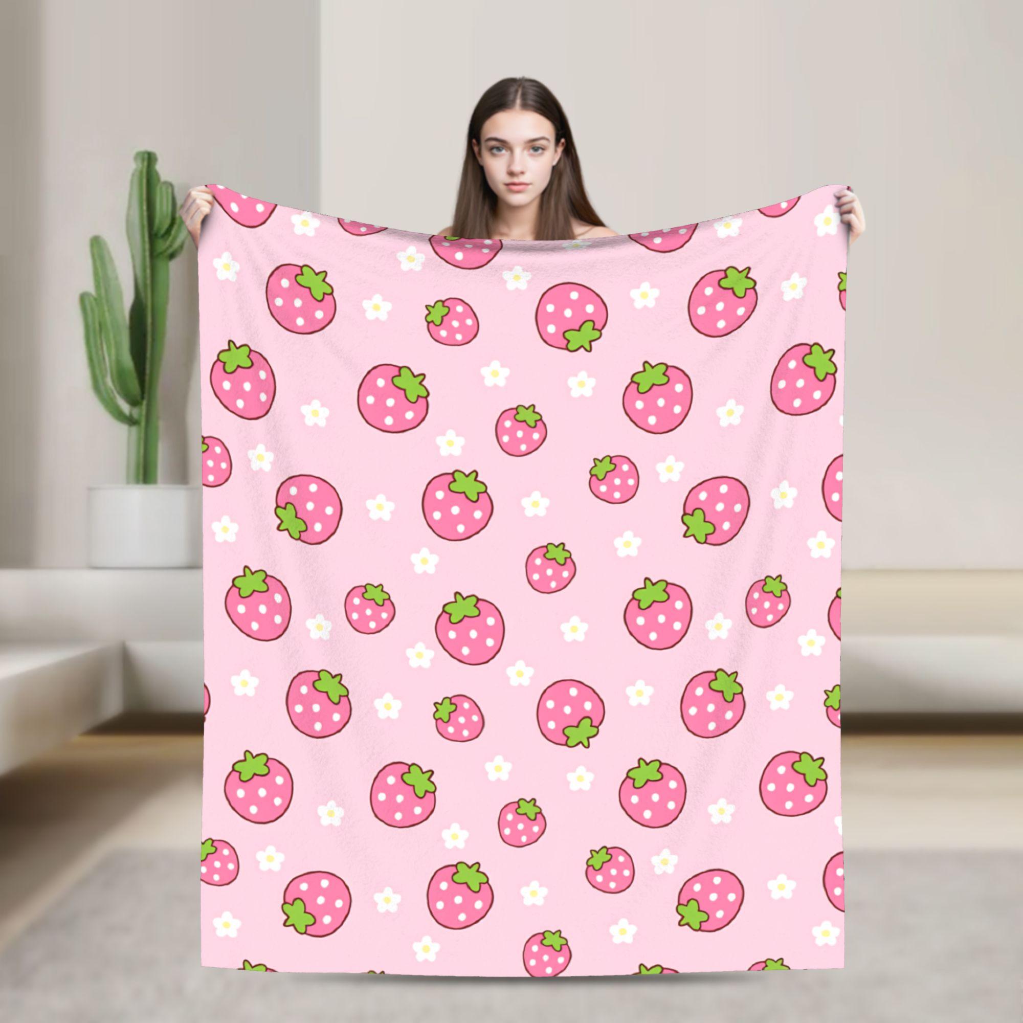 Pink Strawberry Print Flannel Blanket  Soft Durable Throw Blanket for Couch Bed Decorative Comfortable Bedspread Sofa Bed Cover 75x90cm
