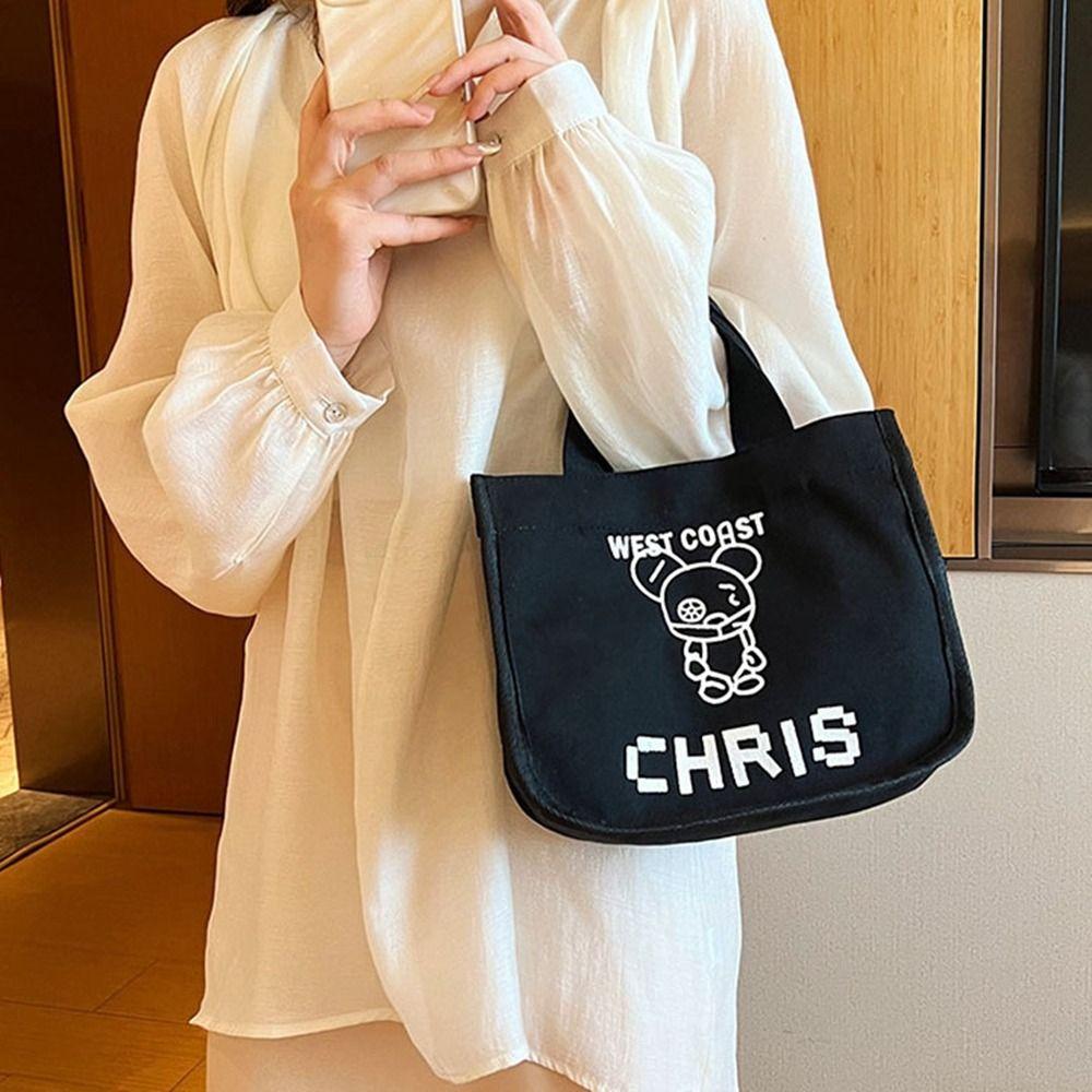 

Printed Bear Canvas Bag Lunch Bag Bucket Bag Cute Letter Canvas Handbag Travel