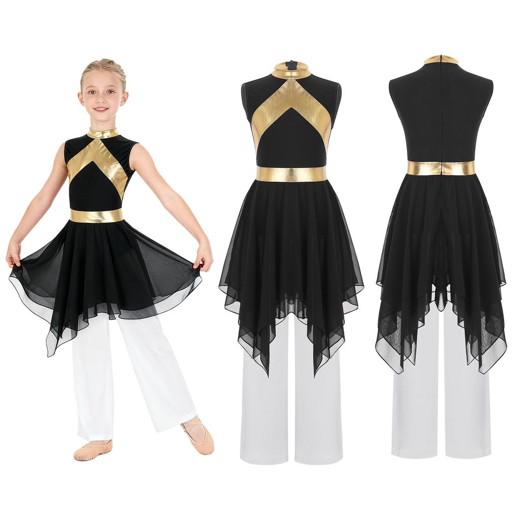 Praise Dance Costume for Kids Girls: Asymmetrical Sleeveless Metallic Dress & Comfortable Wide-Leg Pants with Elastic Waist
