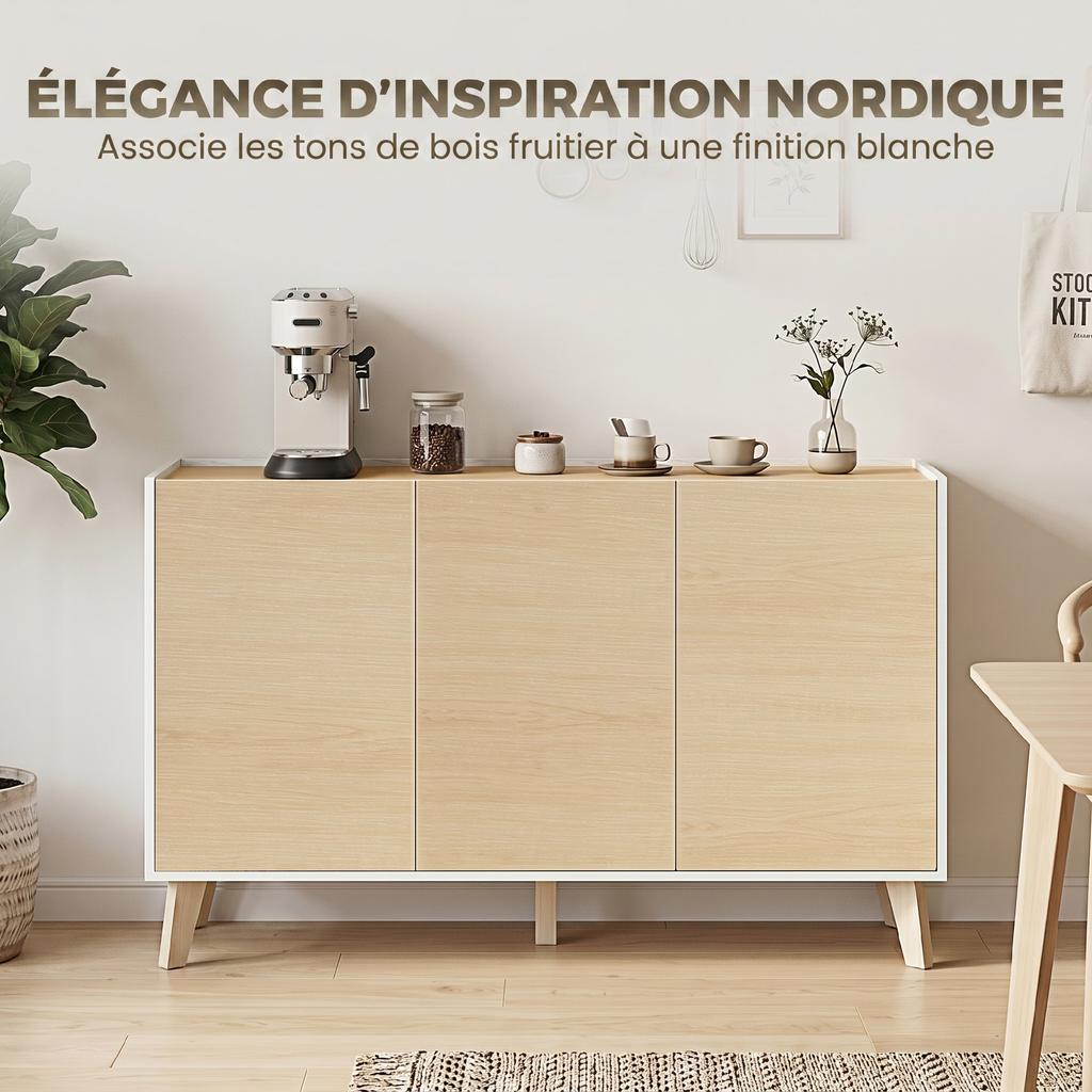 Kitchen Sideboard, 3 Soft-Close Doors, 6 Compartments, Natural Wood and White