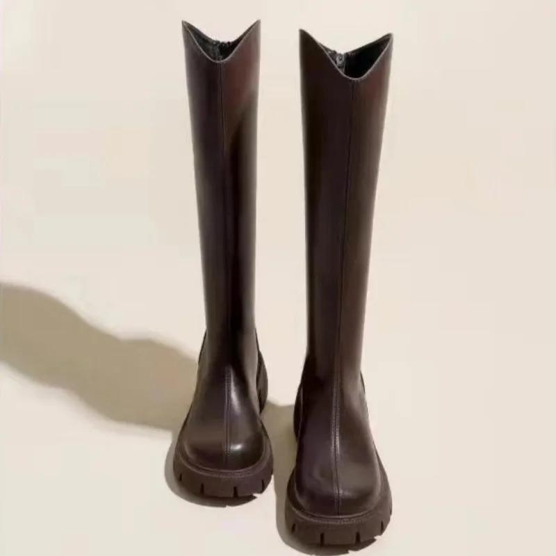 Fashion Ladies Knee High Shaft Shoes Black Round Toe Women's Long Boots Middle Heel Leather Designer Luxury Large Size Warm Quality Boot