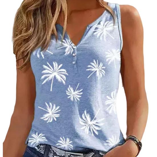 

V-образный вырез, пуговицы, вырезы, жилет без рукавов, милый женский топ с узором кокосовой пальмы XL синий