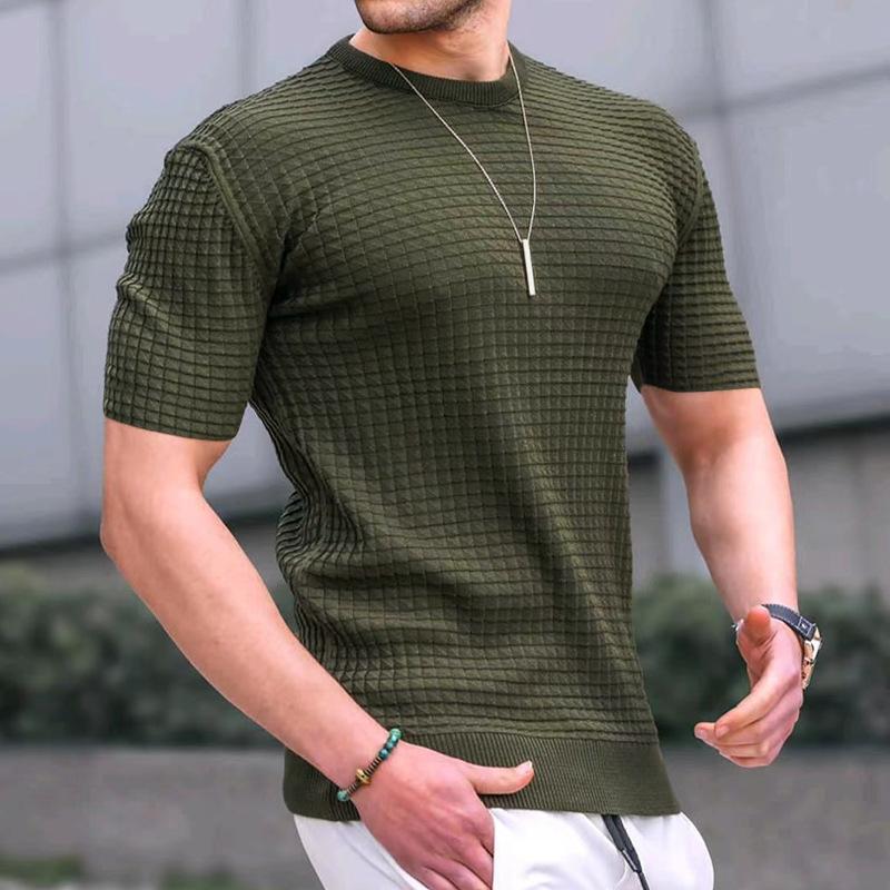 Spring Summer Men's Small Plaid T-shirt Solid Round Neck Short Sleeve Man Top
