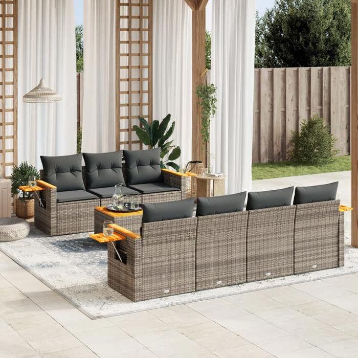 VidaXL Salon de Jardin avec Coussins 8 pcs, Canapés de Terrasse, Ensemble de Meubles de Patio, Mobilier d'Extérieur, Gris 3226648