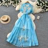 Elegant Short-Sleeve Floral Embroidered Dress for Women Vintage Turn Down Collar Belt Slim A-line Long Maxi Dress