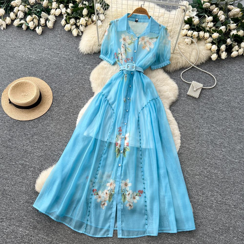 Elegant Short-Sleeve Floral Embroidered Dress for Women Vintage Turn Down Collar Belt Slim A-line Long Maxi Dress