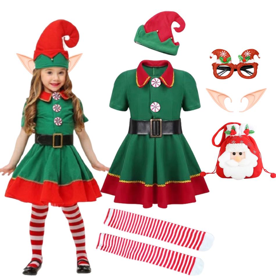 Girls Boys Christmas Elf Costume Xmas Santa Claus Green Elf Dress Kids Outfits Cosplay Clothing Xmas Gifts