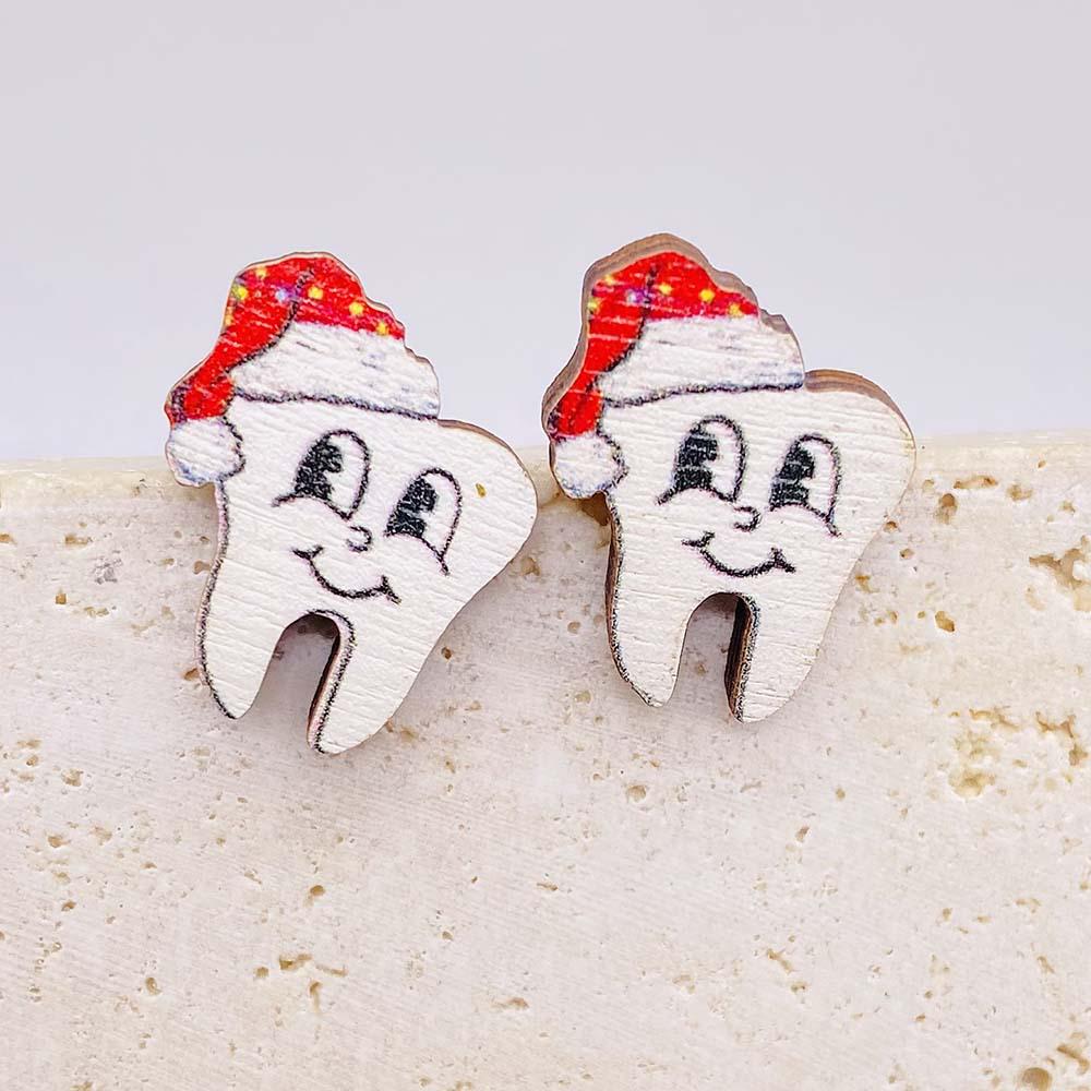 Christmas Wooden Stud Earrings Set: Bell, Santa Hat, and Gloves - Festive Holiday Jewelry Trio