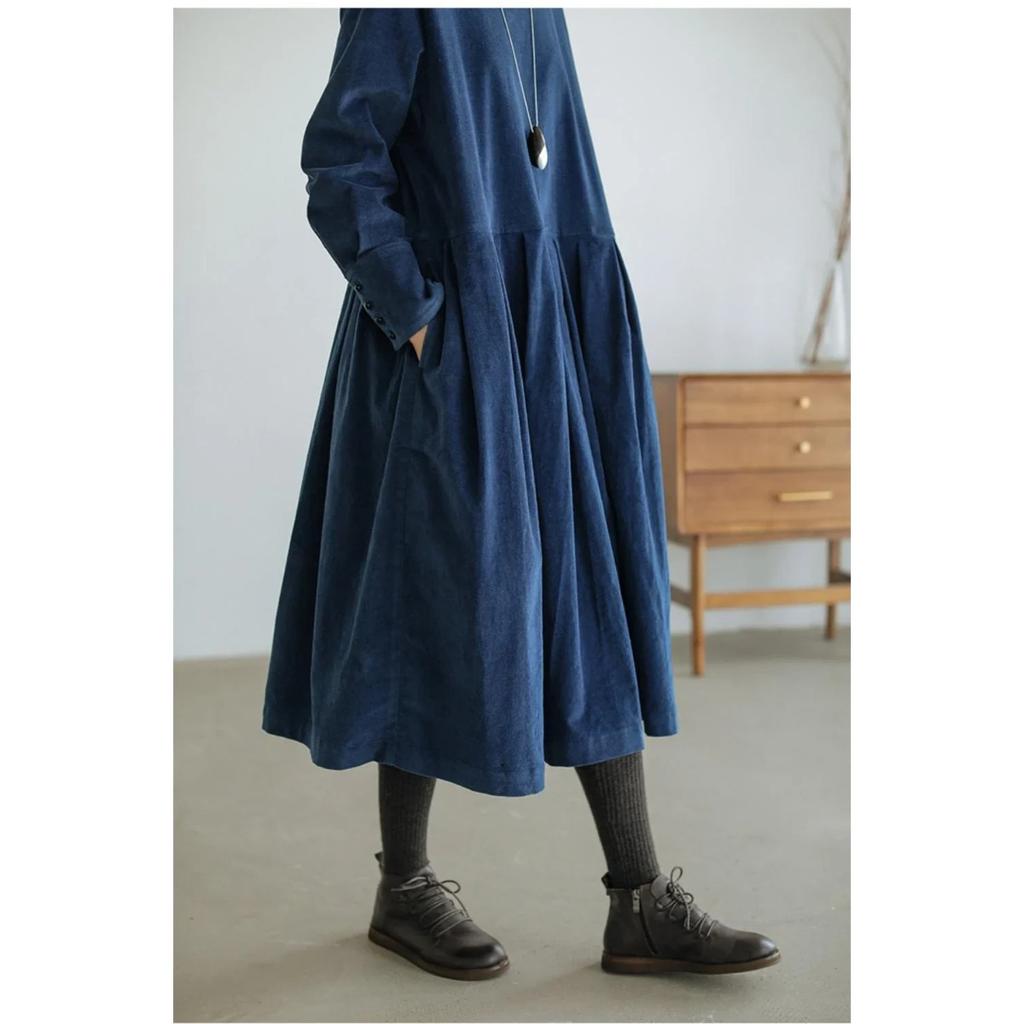 LYRIA Dress for Women Autumn Winter Japanese Korean Fashion Loose Casual Corduroy Clothing  Vintage Elegant Long Sleeve A-line Dress
