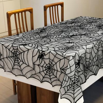 Halloween Lace Spider Web Tablecloth Realistic Skull Design for Scary Atmosphere Perfect Party Decoration
