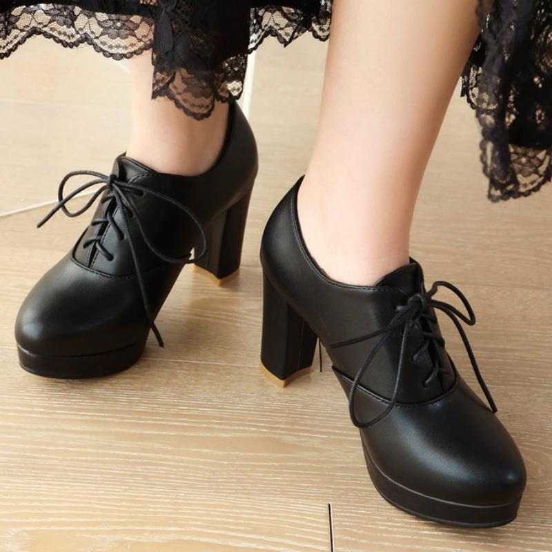 Damskor Höga Klackar Loafers Platform Mode Snörning Svart Vit Röd Klackade Fest Bröllop Kontorsskor Dam Stor Storlek 45