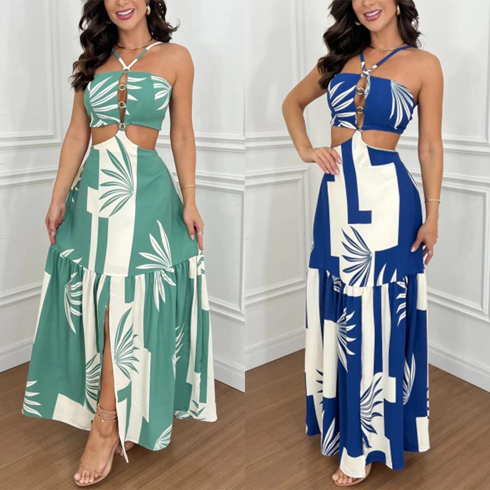 European and American sexy women's new halter strapless casual geometric pattern hollow-out dress