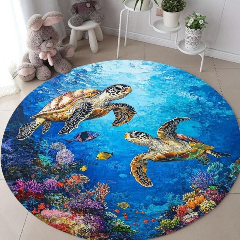 Aquarell Meeresschildkröte Koralle Runder Teppich Rutschfeste Fußmatte für Schlafzimmer Meeres-Thema Dekoration