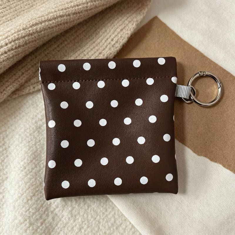 Pu Leather Spring-Loaded Polka Dot Coin Purse With Key Ring Compact Design For Storing Coins Cards Keys Daily Use